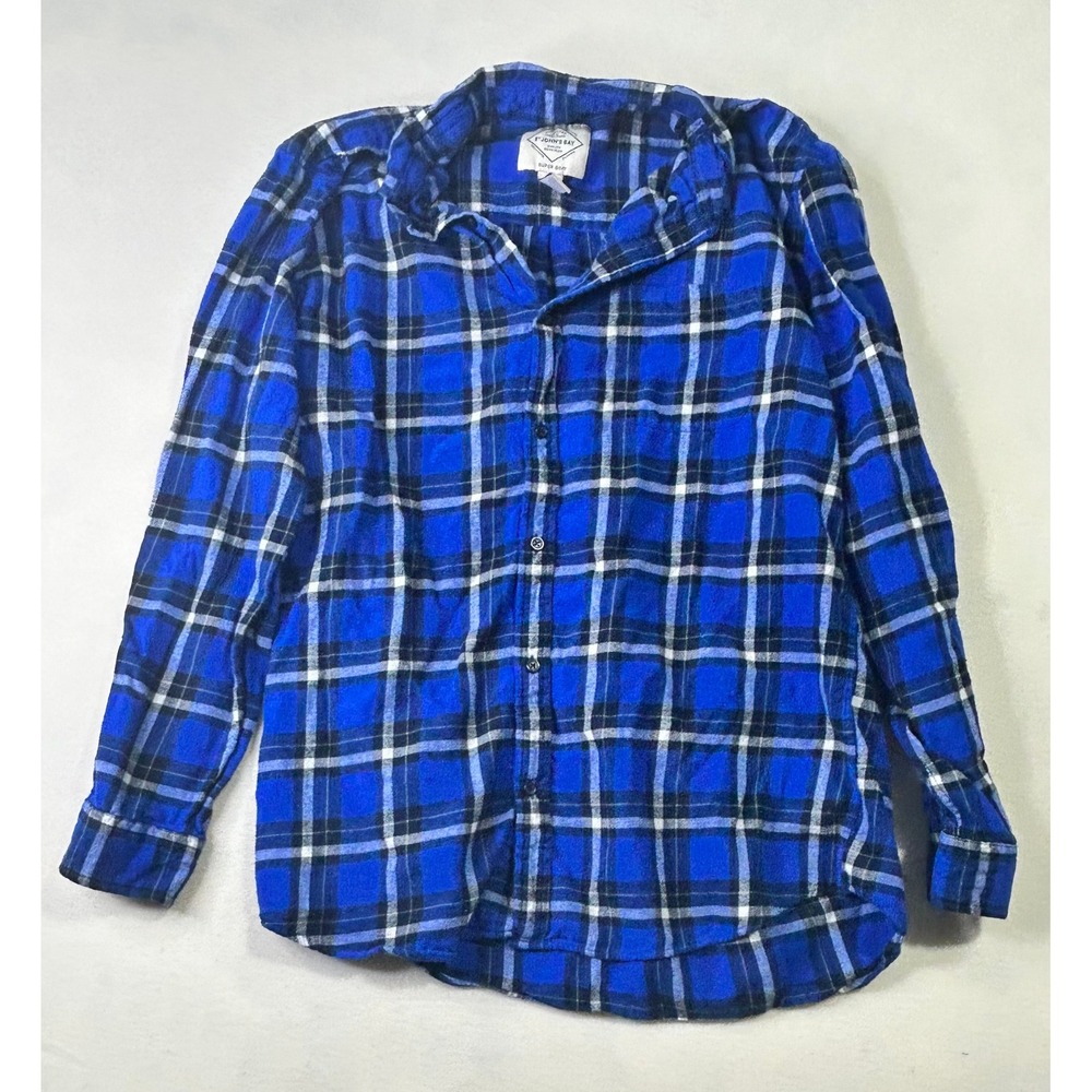 St Johns Bay Mens XLT Tall Blue Black Plaid 100% Cotton Flannel Shirt Button Up